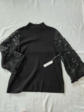 New Chico's Black Mock Neck Pullover Zip Fancy Lace Sleeve Top Sweater Size 2/L